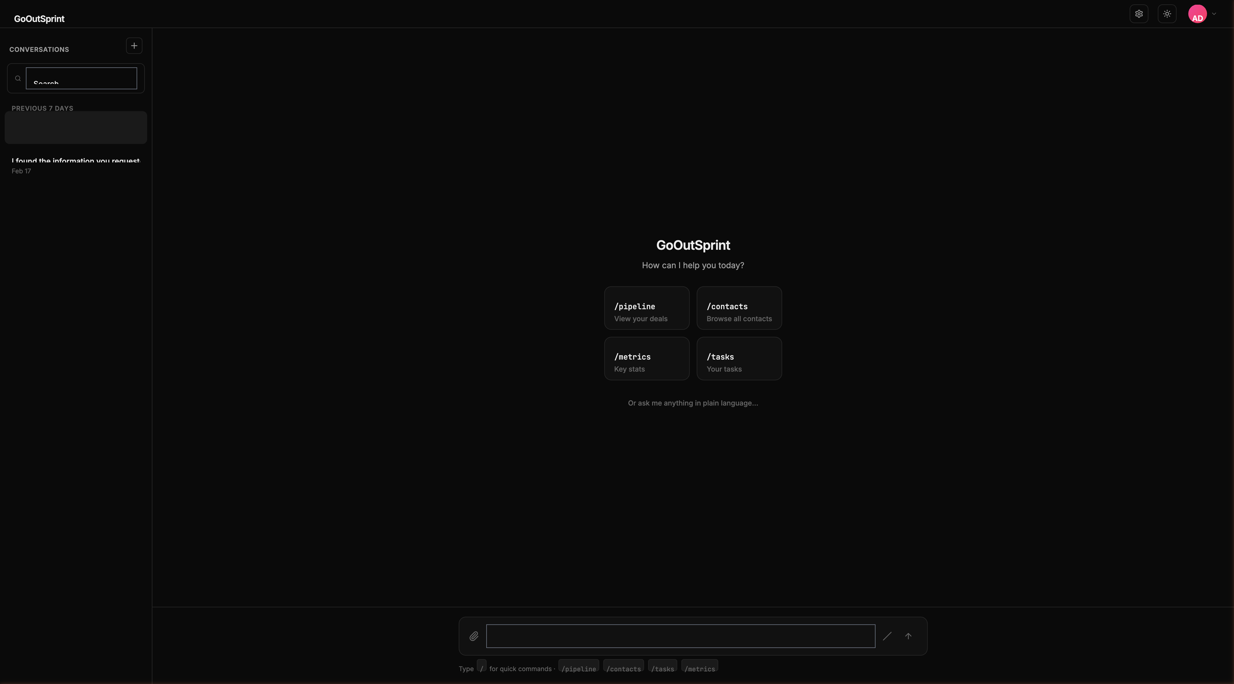 Outsprint clean chat interface ready for a conversation