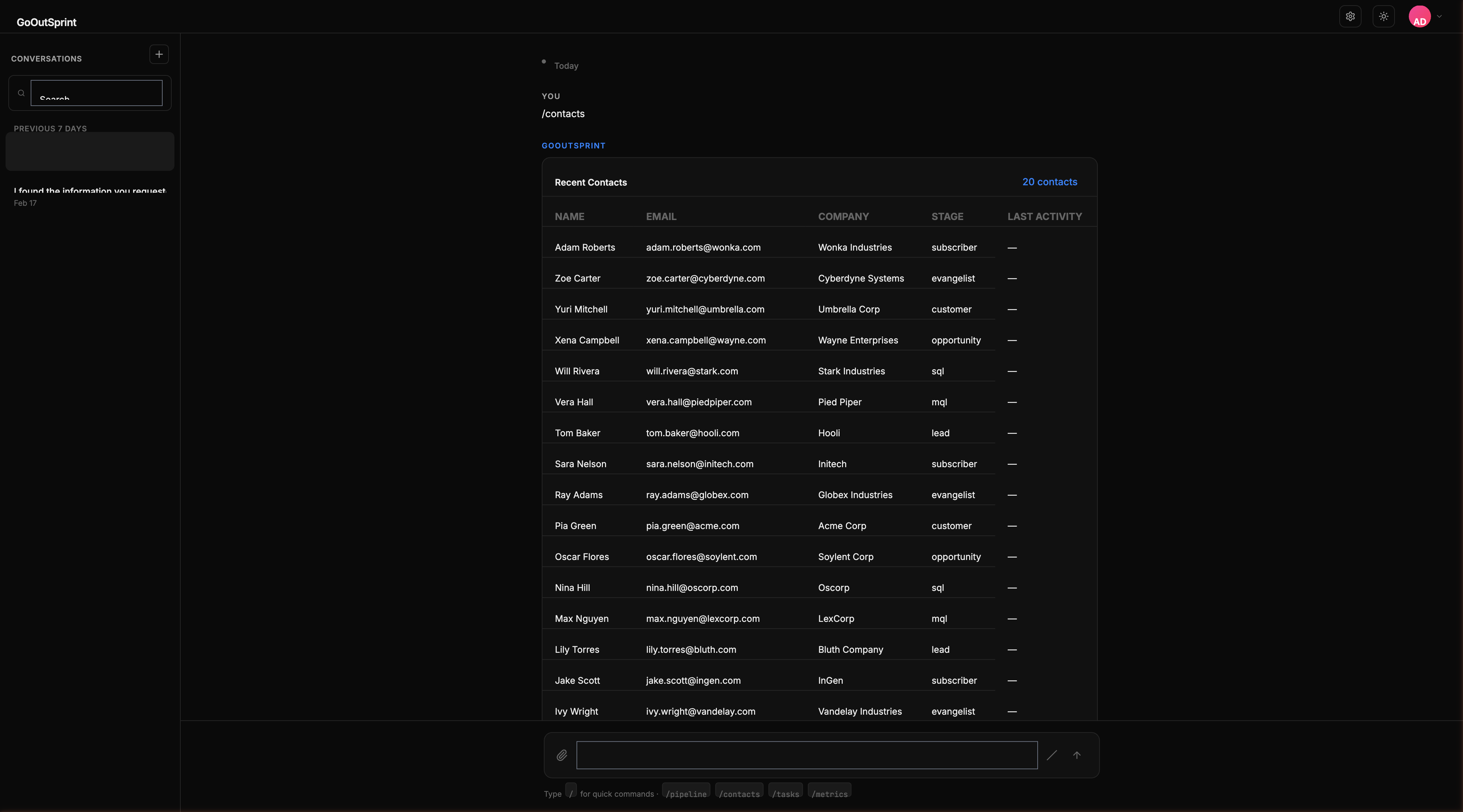 Outsprint chat interface showing a contacts table rendered directly in the conversation