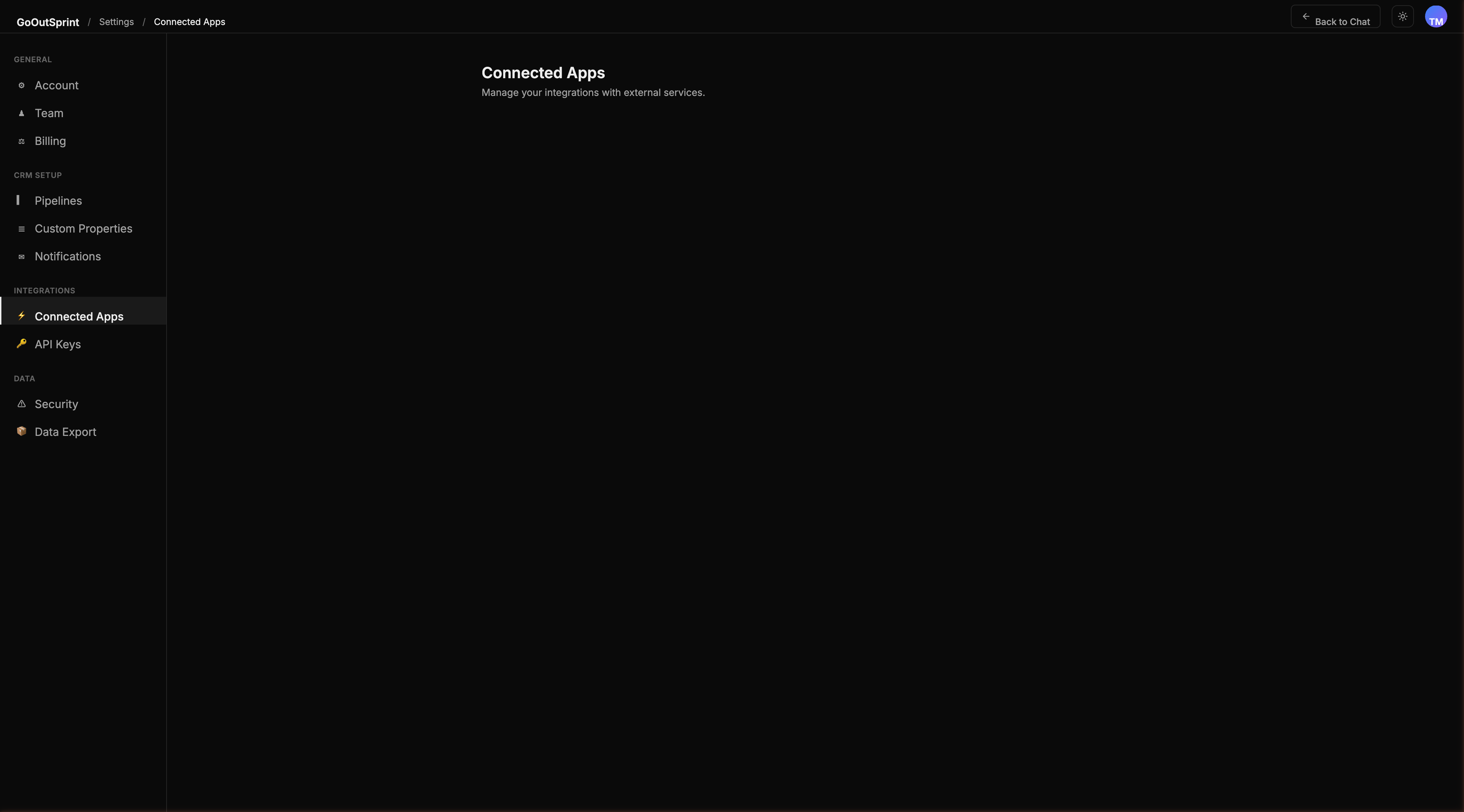 Outsprint integrations settings page showing connected services