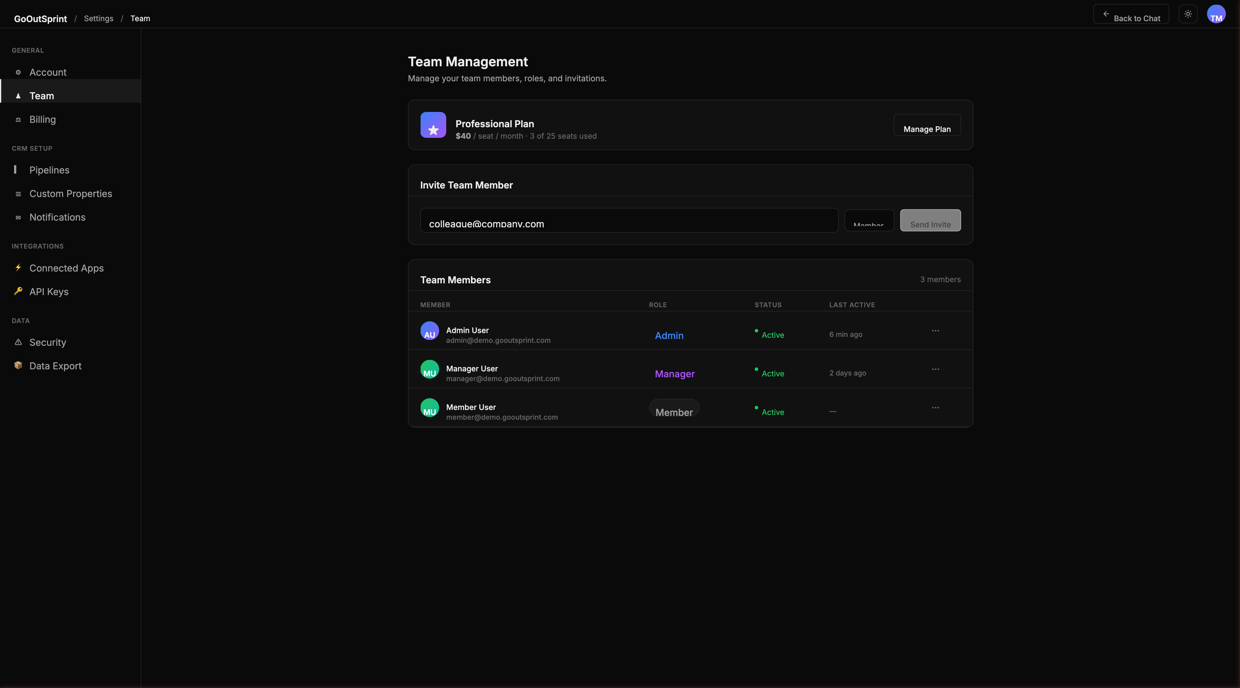 Outsprint team management settings showing user roles and permissions